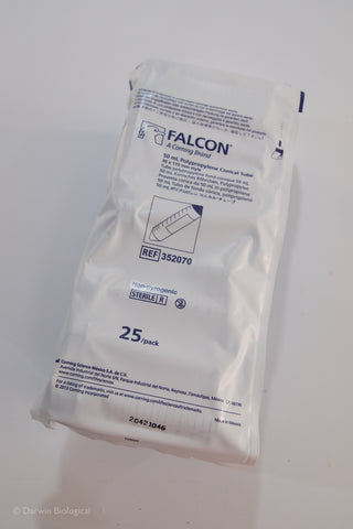 A 25-pack of Falcon 50 ml polypropylene tubes in a white sterile plastic pouch, photographed on a white background.