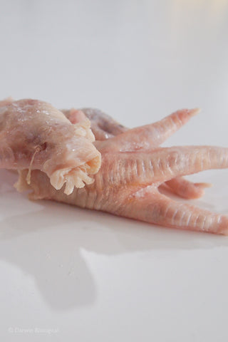 Frozen chicken feet with close up on tendons