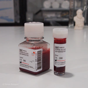 Defibrinated Horse Blood 25ml and 100ml bottles
